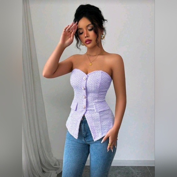 Rafferiza Women's Textured Strapless Cropped Top With Pearl Button Details - Picture 3 of 6